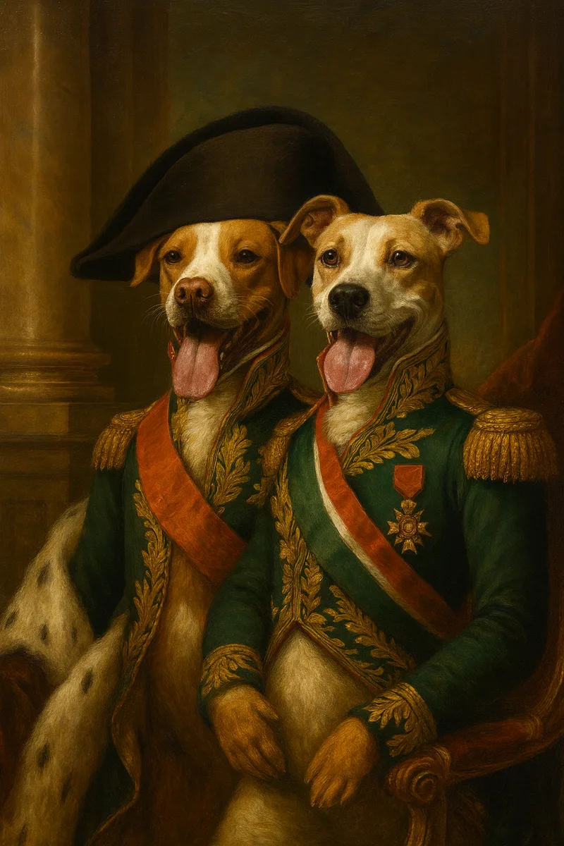 The same two dogs painted as decorated generals